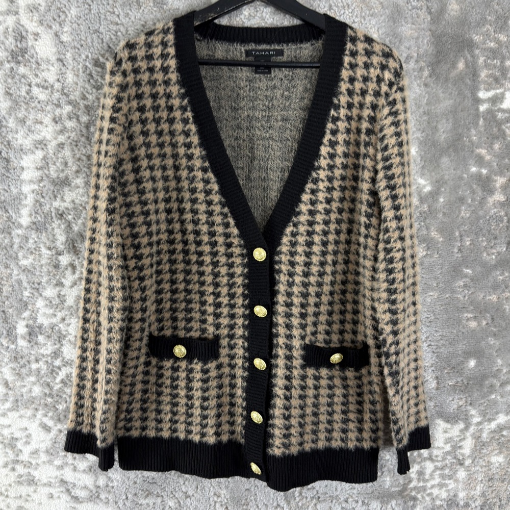 Tahari Sz S Houndstooth Gold Button Fuzzy Knit Cardigan Sweater Black Tan Women